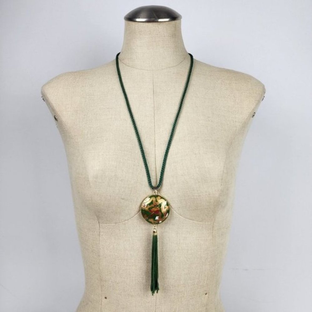 VINTAGE Green Dragon Enamel Cloisonne Pendant Tassel Braided Chain Neckl…